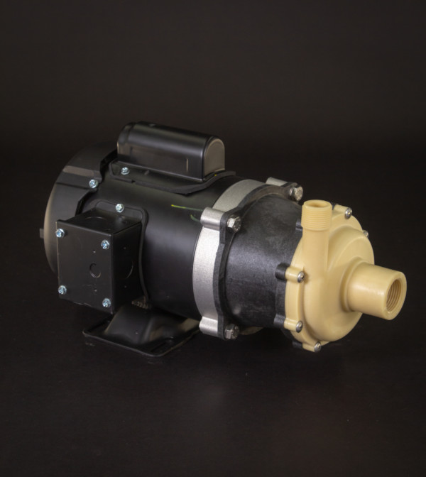 March Pump’s TE-5.5K-MD centrifugal sealless magnetic drive pumps constructed from Kynar ideal for chemical applications.